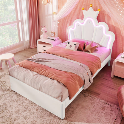 Upholstered Bed, 90 X 200 Cm, Without Mattress Crowned Princess Bed, Adjustable Headboard, White