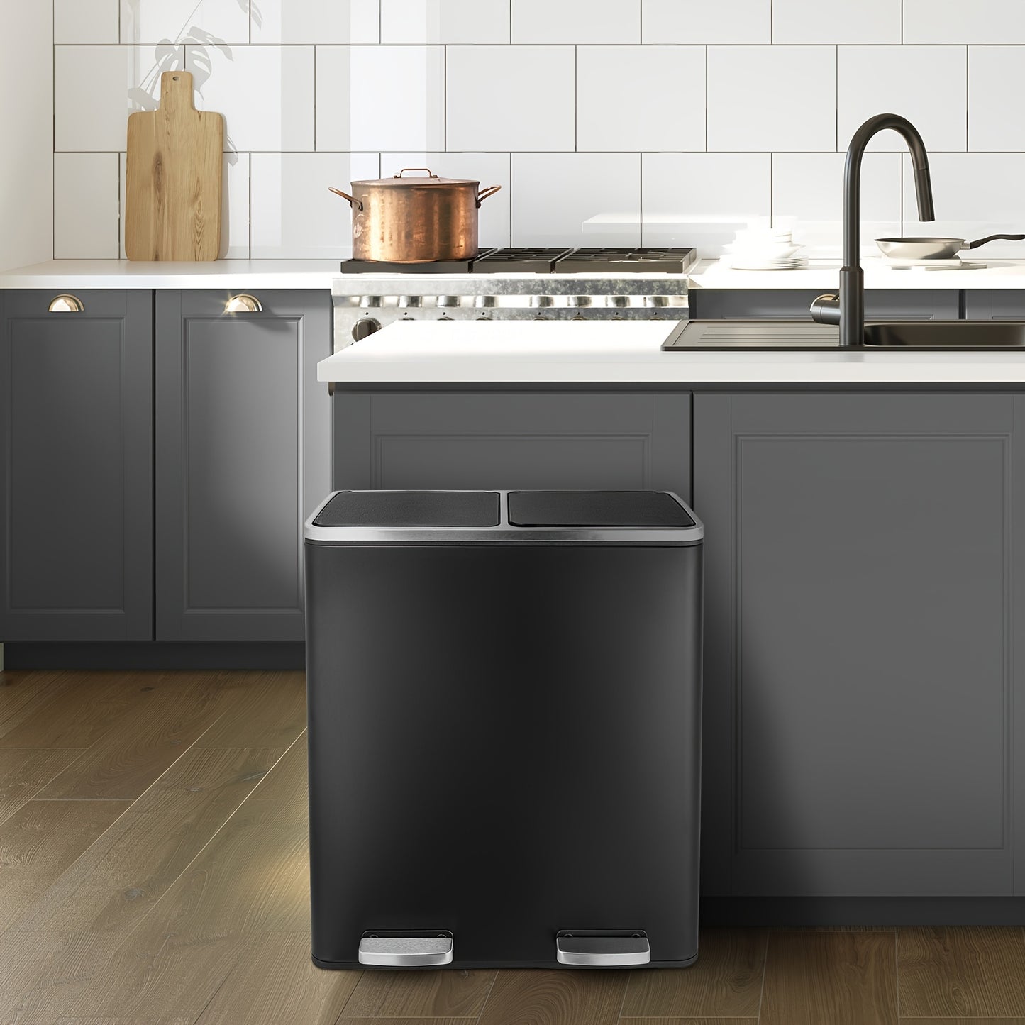Prullenbak – Afvalbak – Vuilnisbak – Pedaalemmer – Afvalscheidingsprullenbak – 60 Liter – Met Dubbele Compartimenten – Soft Close Deksel – Matzwart