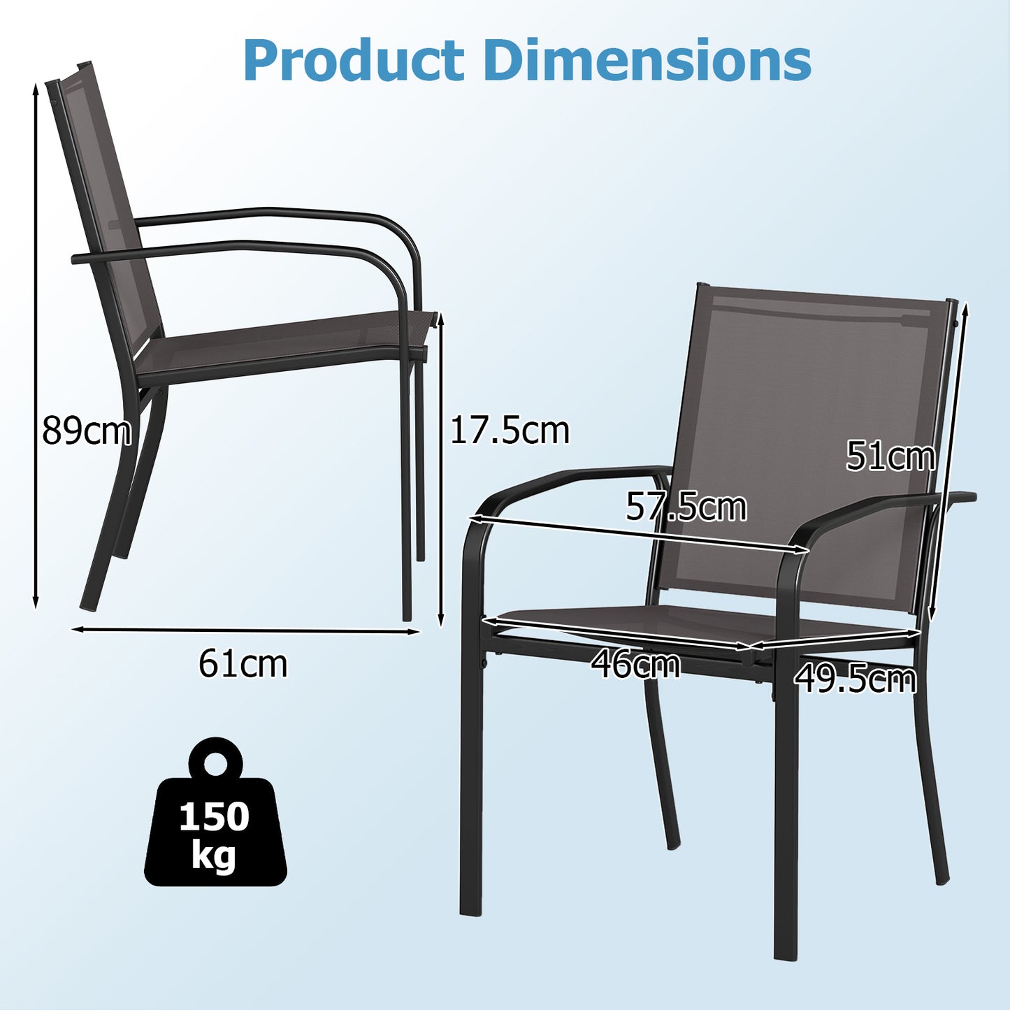 Tuinstoelen – Stapelbare Stoelen – Bistrostoelen – Terrasstoelen – Balkonstoelen – Ademend Stof – Gepoedercoat Metaal – Set van 4