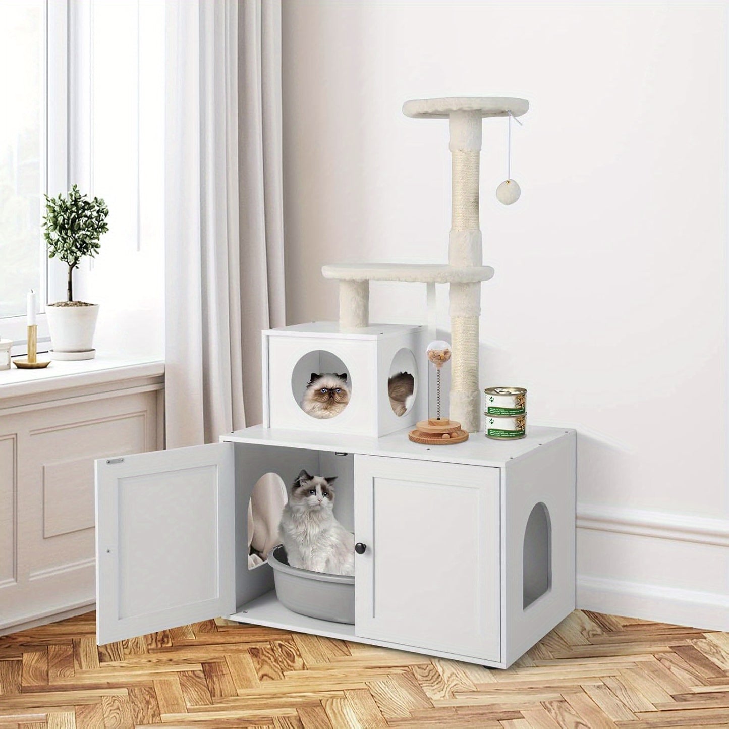 Krabpaal – Krabboom – Kattenboom – Kattenhuis – Kattenmeubel – Incl. Speelbal – 132 cm Hoog – Wit Houten Design