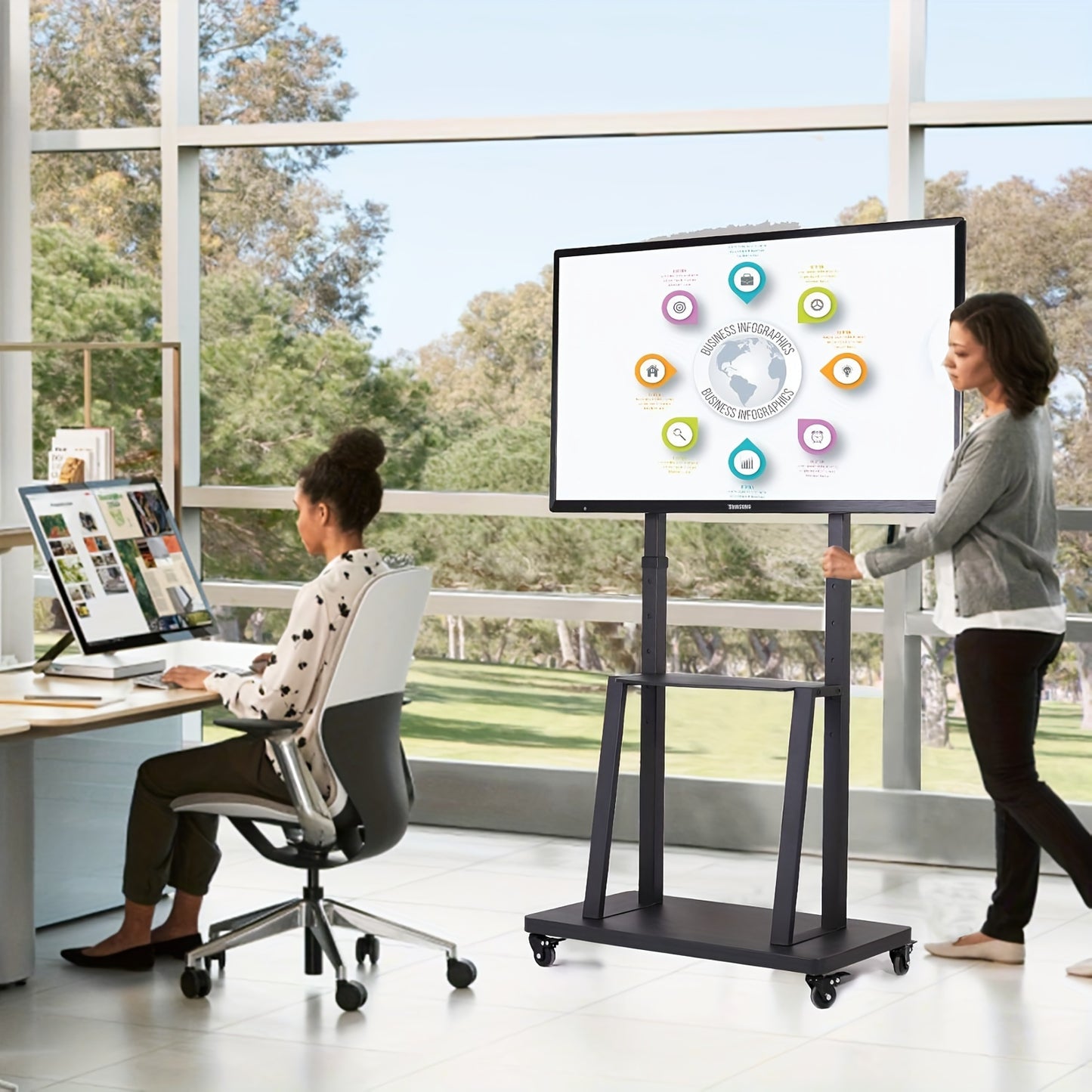 Mobile TV Stand on Wheels: Heavy Duty TV Trolley for 32-80 inch LCD LED OLED Flat TVs Rolling TV Floor Stand with 2 Tier Metal Shelf Height Adjustable Holds up to 65kg Max VESA 600x400mm
