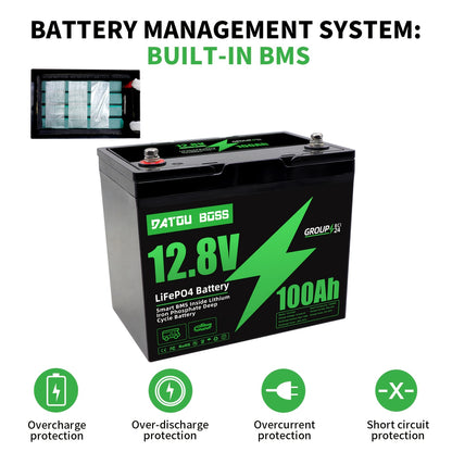 DATOUBOSS 12.8V 100Ah LiFePO4 Battery with Smart BMS (100A) - 4000+ Cycles, 10-Year Lifespan, Low-Temp Proof Lithium Battery for RV, Solar, Boat, Off-Grid - Compatible with 24-Group Systems, 1/3 Weight & 5120Wh Scalable (for,