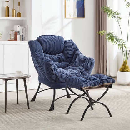 Loungestoel – Fauteuil – Relaxstoel – Leunstoel – Relaxfauteuil – Modern Blauw – Ruimtebesparend Design – Comfortabele Katoenen Bekleding Met Voetenbank