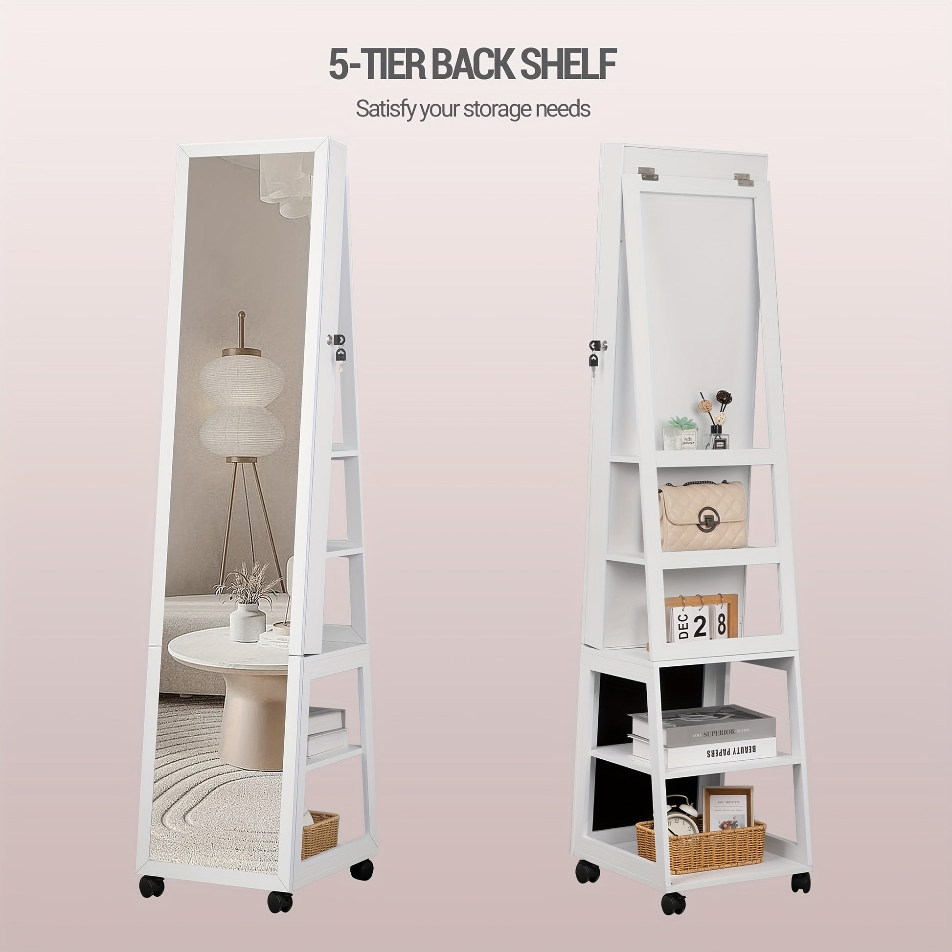6 LEDs Jewelry Cabinet, 159 Cm High Jewelry Cabinet Organizer, Lockable In Full Length Of Mirror With 4 Wheels, Large 5-animal Jewelry Storage Rack, White, Jewelry Armoires - QUORE