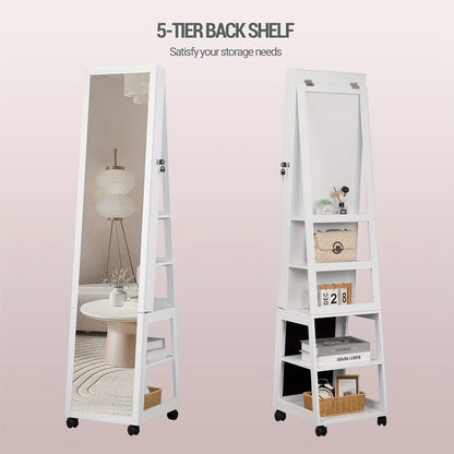 6 LEDs Jewelry Cabinet, 159 Cm High Jewelry Cabinet Organizer, Lockable In Full Length Of Mirror With 4 Wheels, Large 5-animal Jewelry Storage Rack, White, Jewelry Armoires - QUORE