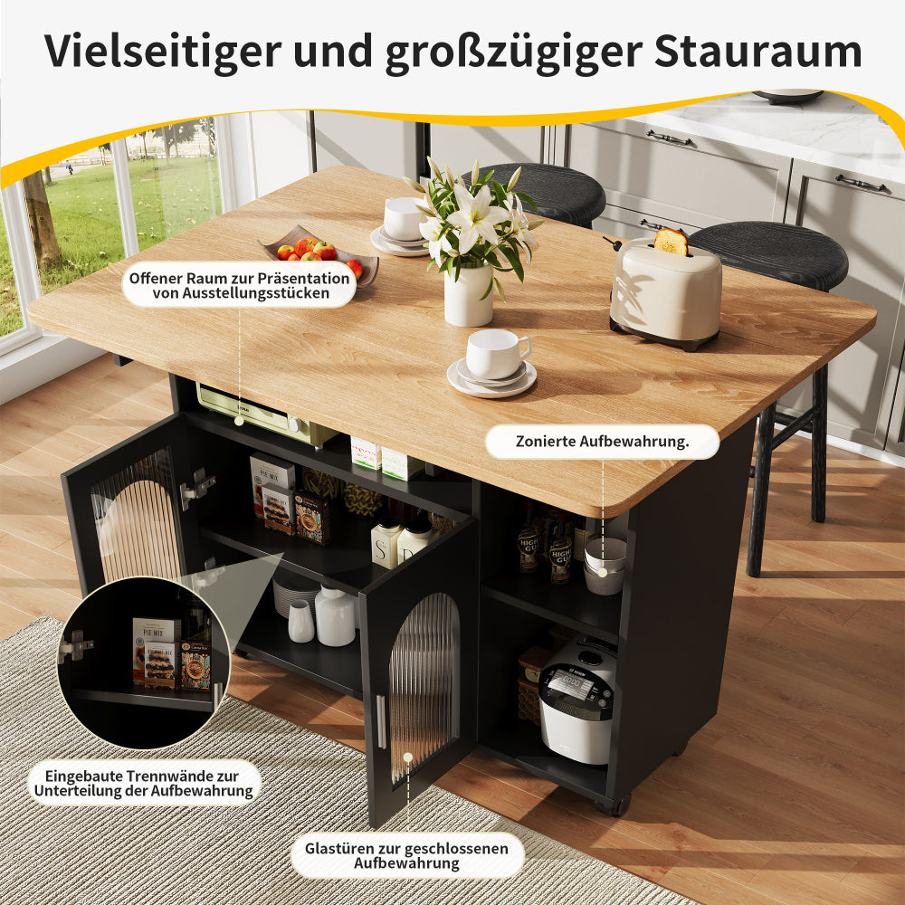 Modern Black Kitchen Island with Demountable Trolley - Heavy-Duty Metal Frame, White/Black Countertop, Multifunctional Mobile Cart, & Dining Table, Space-Saving Design for Small Kitchens, Easy Assembly (No Wood)