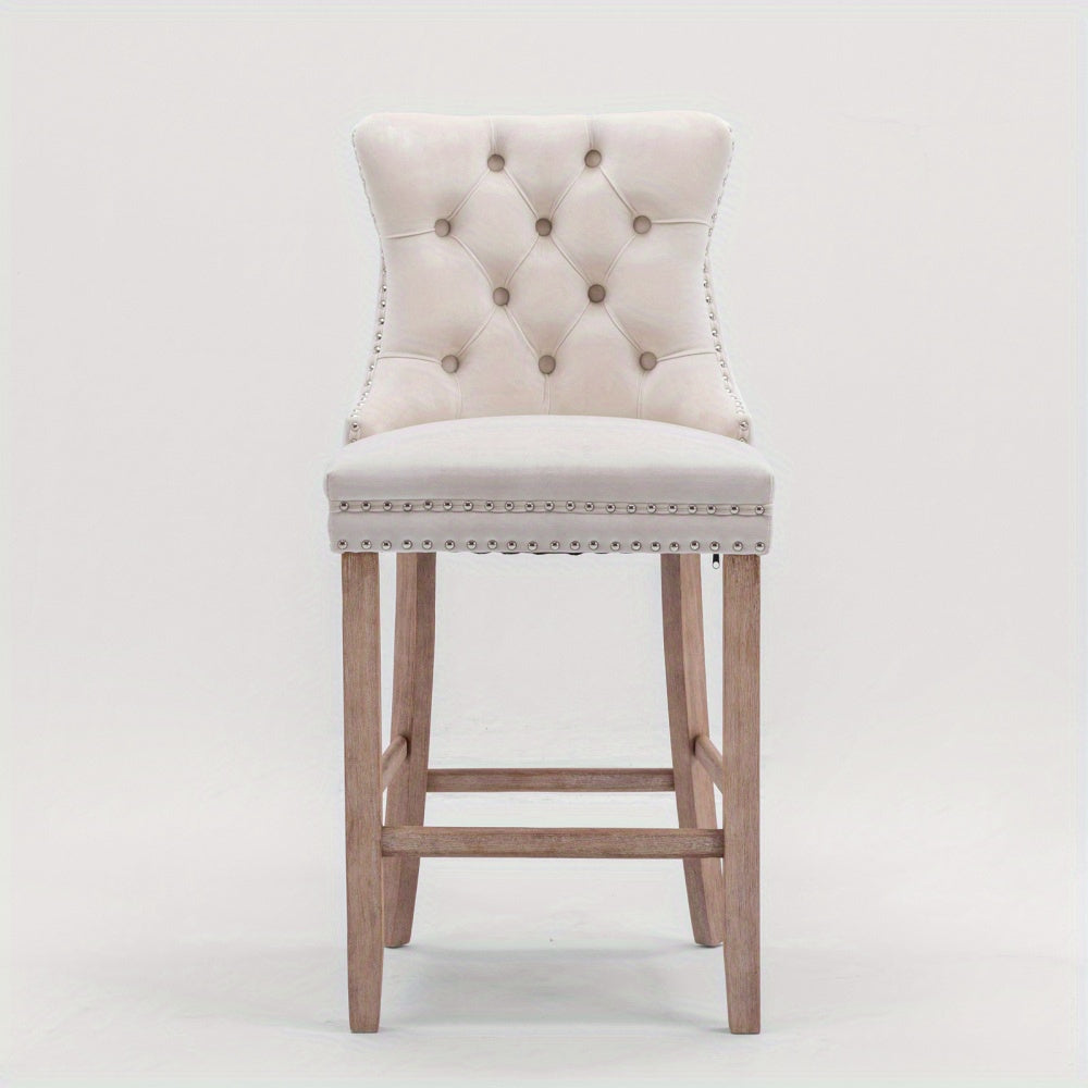 Barstoel – Barkruk – Barstoel Kussen – Barkrukken Set – Barstoel Counterhoogte – Velvet Bekleding – Foamgevulde Zitting – Wingback Design – Stevige Rubberhouten Poten – Franse Stijl – Set Van 2 – Beige