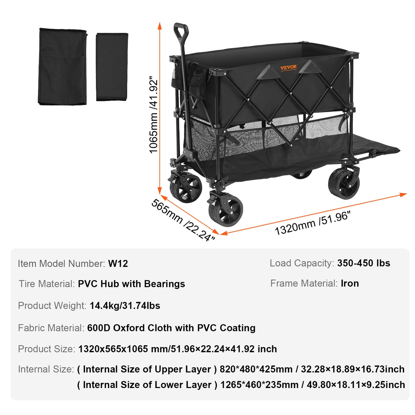 Opbergwagen – Bolderkar – Transportwagen – Vouwwagen – Trolley – Dubbele Laag – Stevig Gepoedercoat IJzer – Grote Opbergruimte 304L – All-Terrain Banden Zwart