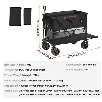 Opbergwagen – Bolderkar – Transportwagen – Vouwwagen – Trolley – Dubbele Laag – Stevig Gepoedercoat IJzer – Grote Opbergruimte 304L – All-Terrain Banden Zwart