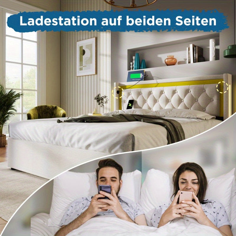 Tweepersoonsbed – Ledikant – Bedframe – Slaapbed – Opbergbed – Met Matras 140x200 cm – Wit Bekleed Frame – Met Opbergruimte Hoofdbord – Voorgeassembleerd – Zonder Stroomvoorziening