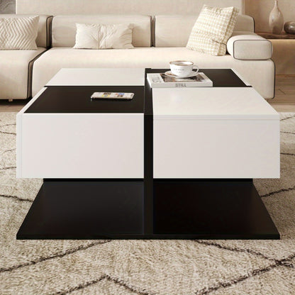 Modern Black & White Metal Coffee Table with 2-Drawer Storage - Large Square Living Room Center Table with Smooth Sliding Drawers, High-Gloss Finish, Easy Assembly, Space-Saving Design for Home & Office, 70x70x35.5cm, Durable