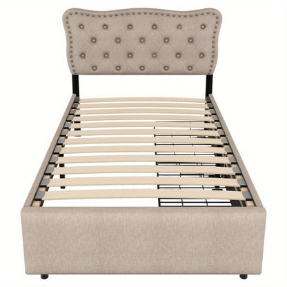 Gestoffeerd Bed – Boxspringbed – Slaapbank – Bedframe – Ledikant – 90x200 cm – Padded Hoofdbord Met Decoratieve Spijkers – Moderne Opberglades Donker Beige