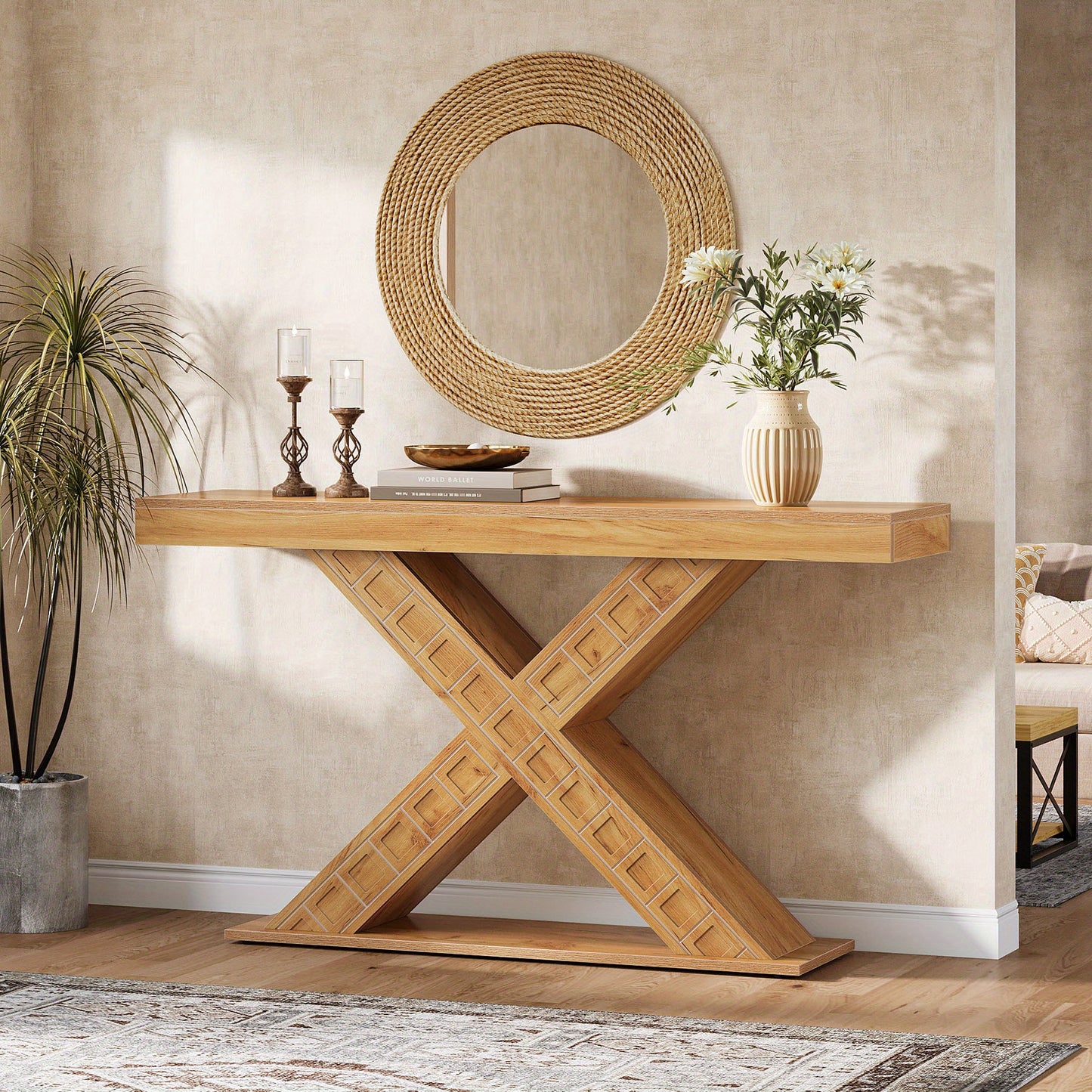 55 Inch Sidetable – Console Tafel – Halmeubel – Foyertafel – Smalle Tafel – X-Vormige Houten Basis – Robuust 2,95 Inch Dikte – 200 Kg Draagkracht