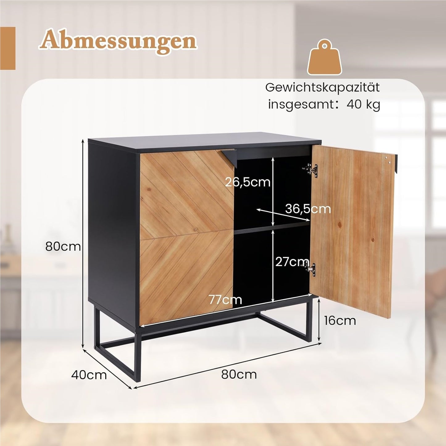 Sideboard – Dressoir – Kast – Buffetkast – Opbergkast – Modern Design – MDF Metalen Pooten – 80x40x80 cm – Zwart