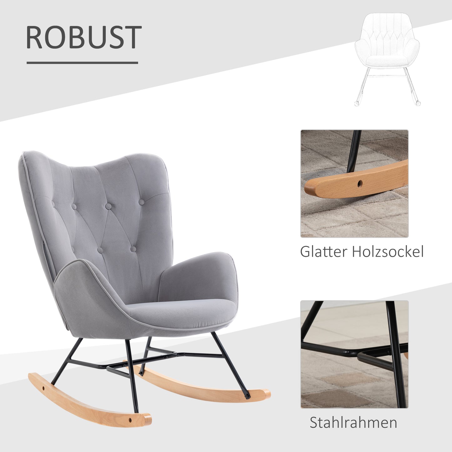 Schommelstoel – Relaxstoel – Rocking Chair – Schommelstoel Velvet – Stoel Lichtgrijs – Velvetlook Quilting – Houten Sledes – Draaggewicht 150 kg