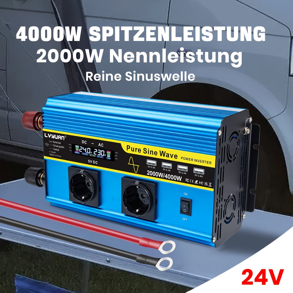 Omvormer Auto – Stroomadapter – Spanningsomzetter – Inverter – Converter – 2000W Continu Vermogen – Pure Sinusgolf Met LCD Display