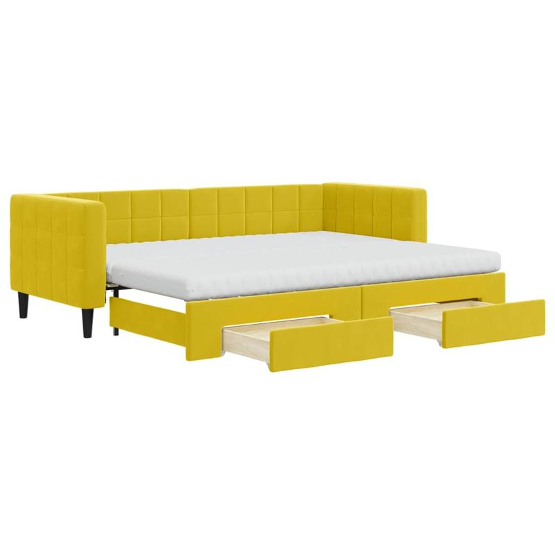 Bedbank – Slaapbank – Logeerbed – Slaapsofa – Sofa Bed – Uitschuifbaar Trundle Bed – Luxe Gele Velvet Bekleding – Stevige Hardhouten Constructie 80x200 cm