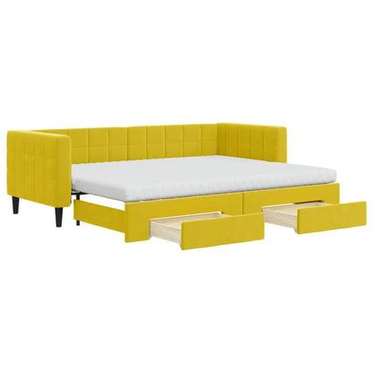 Bedbank – Slaapbank – Logeerbed – Slaapsofa – Sofa Bed – Uitschuifbaar Trundle Bed – Luxe Gele Velvet Bekleding – Stevige Hardhouten Constructie 80x200 cm