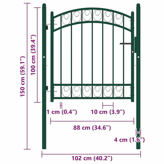 Groene Metalen Tuinpoort – Tuinhek – Toegangspoort – Erfpoort – Opritpoort – Boogvormig Ontwerp – 100 x 100 cm – Weerbestendig Staal Met Slot