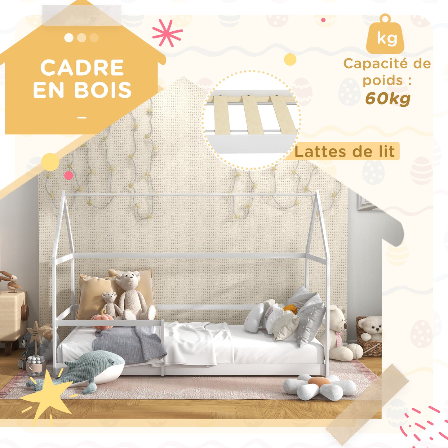 Kinderbed Huis – Cabin Bed – Bunk Bed – Speelbed – Huisbed – Houten Bed – Anti-Val Bescherming – Inclusief Lattenbodem en Dak – Wit – 90x190 cm