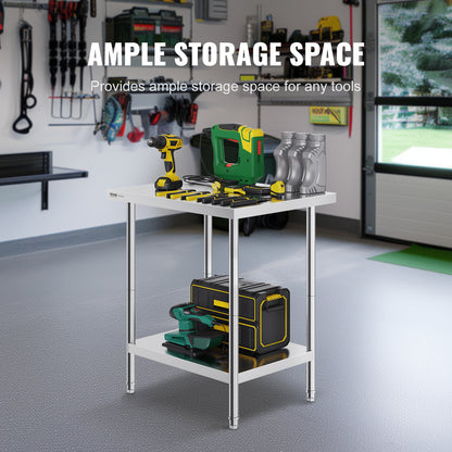 Werkbank – Werktafel – Werkblad – Werkstation – RVS – 201 Roestvrij Staal – 61x76x86 cm – Verstelbare Legplanken