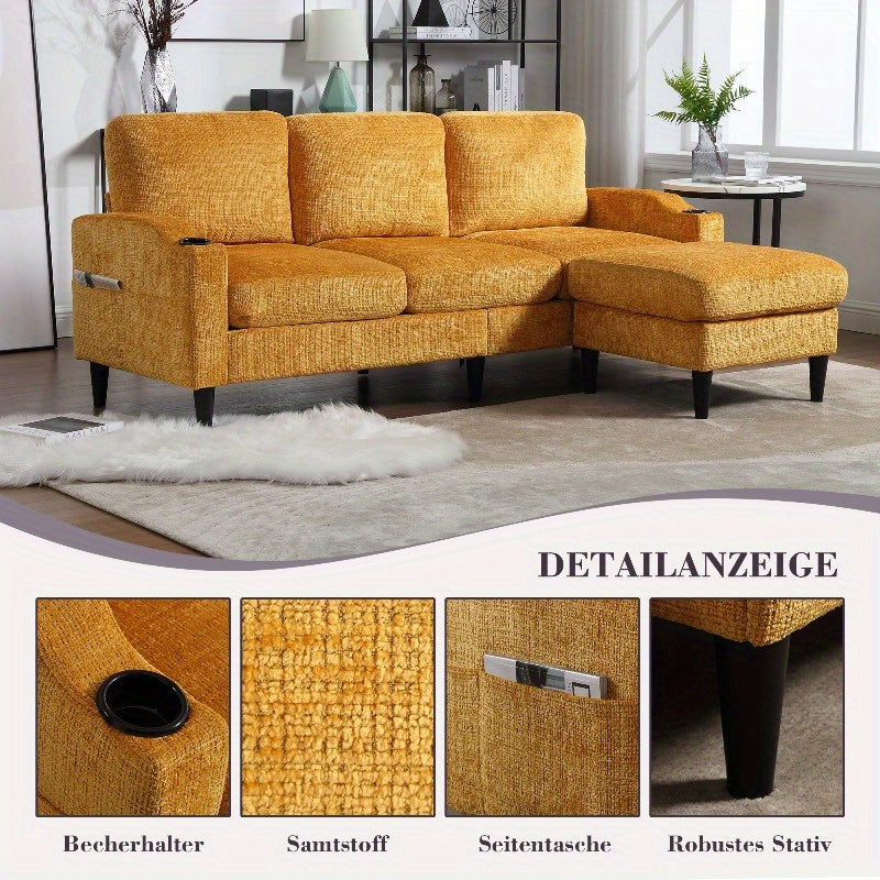 4-zits sofa – bank – zitbank – lounge bank – hoekbank – fluweelachtige bekleding – opberghocker met bekerhouders