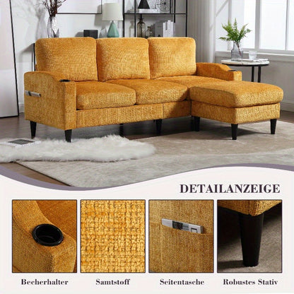 4-zits sofa – bank – zitbank – lounge bank – hoekbank – fluweelachtige bekleding – opberghocker met bekerhouders