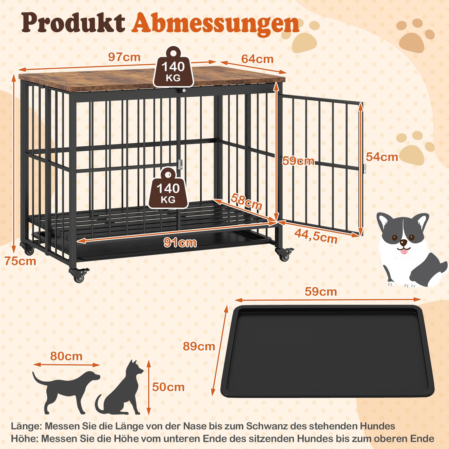 Hondenbench – Hondenkooi – Hondenverblijf – Dierenbench – Huisdierenbench – Metalen Constructie – Afneembare Lade – Veilig Slot – Wieltjes – Rustic Brown & Black
