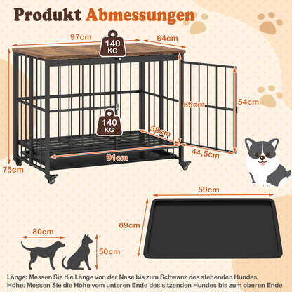 Hondenbench – Hondenkooi – Hondenverblijf – Dierenbench – Huisdierenbench – Metalen Constructie – Afneembare Lade – Veilig Slot – Wieltjes – Rustic Brown & Black