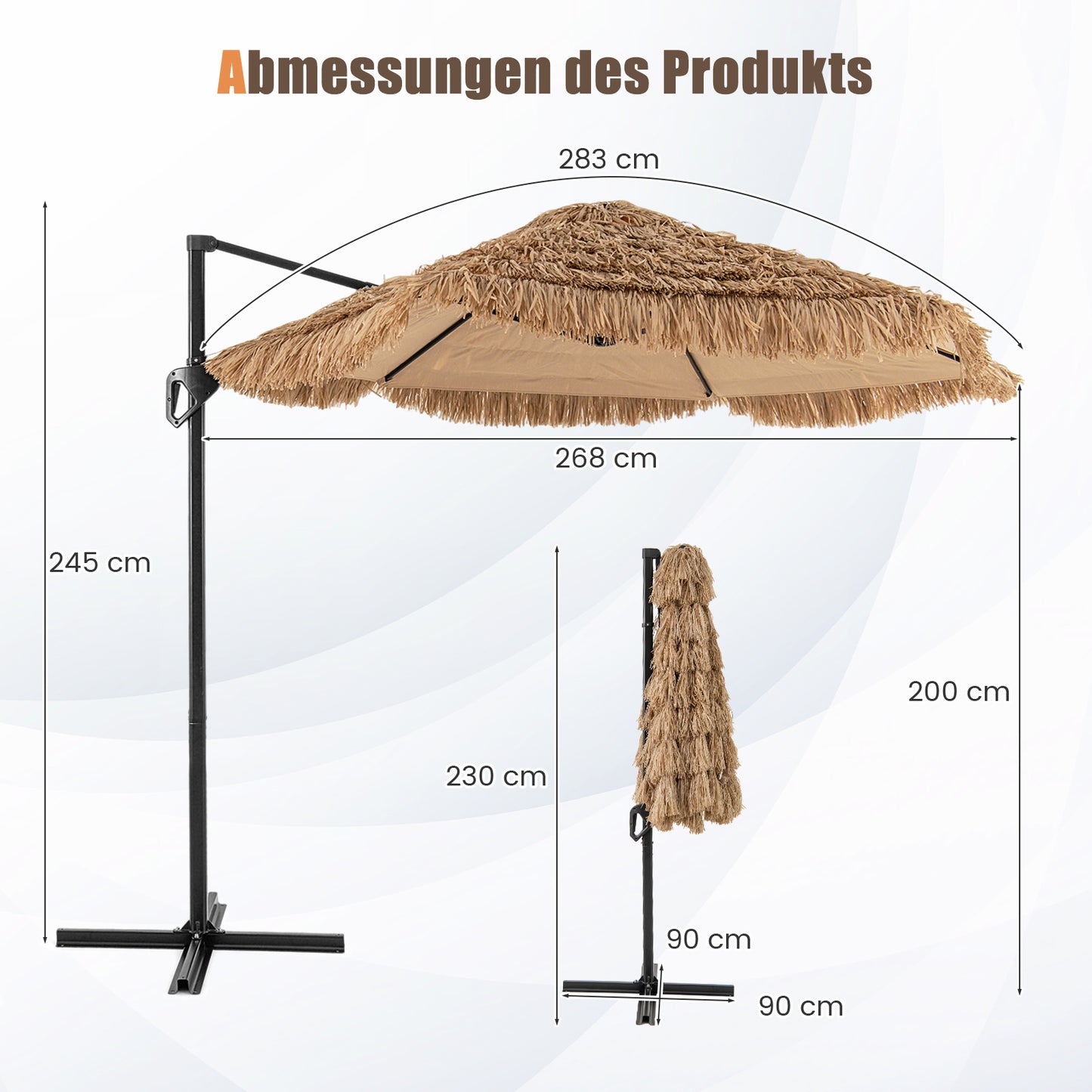 Cantilever Parasol – Zweefparasol – Hangparasol – Patio Parasol – Tiki Parasol – Tropische PE-thatch Dakbedekking – Ventilerend Dubbel Lagen Ontwerp – Ø 283 cm Bruin