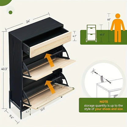 Schoenenkast – Schoenen Opberger – Schoenenkast – Schoenenschuifkast – Schoenrekken – Modern Design – Met 2 Kleppen en 4 Verstelbare Planken – Zwart – Duurzaam Hout en Metaal