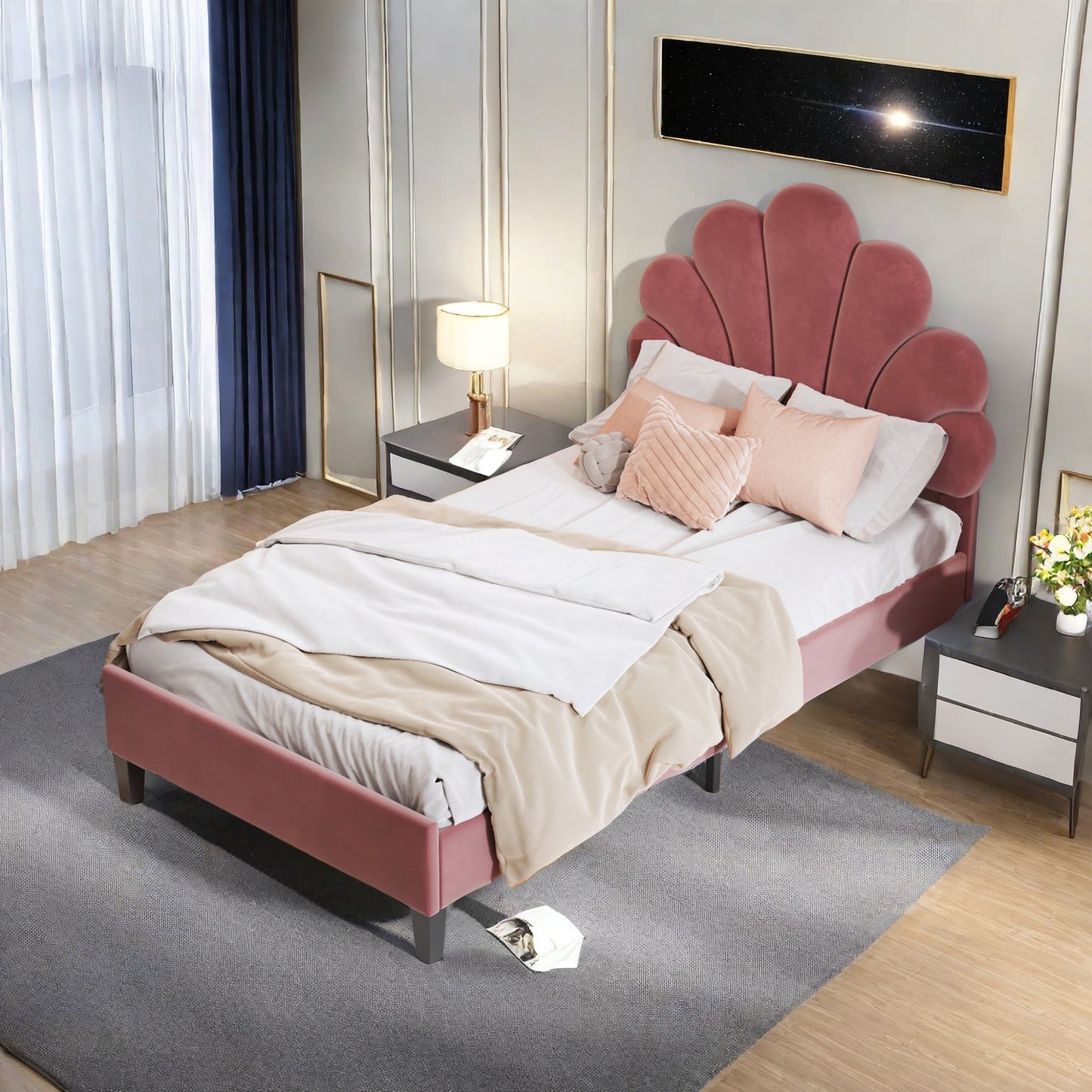 Bedframe – Bed – Gestoffeerd Bed – Houten Bed – Slaapbank – 90x200 cm – Fluwelen Bloemvormig Hoofdbord – Comfortabel & Warm – Beige