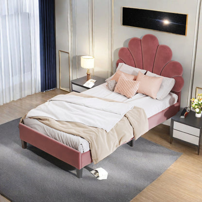 Bedframe – Bed – Gestoffeerd Bed – Houten Bed – Slaapbank – 90x200 cm – Fluwelen Bloemvormig Hoofdbord – Comfortabel & Warm – Beige