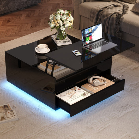 Salontafel – Koffietafel – Woonkamertafel – Bijzettafel – Tafel – Hoogglans Zwart – Verstelbare Hoogte – Verborgen Opbergruimte