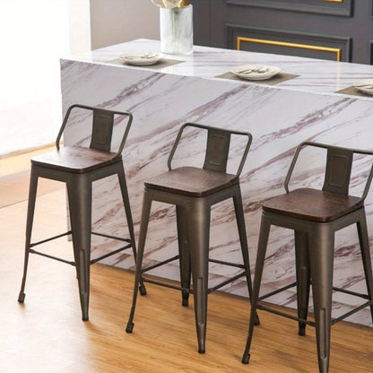 Barkrukken – Barstoelen – Keukenstoelen – Barkruk Set – Hoge Barkrukken – Vintage Industrieel Design – Hardhouten Zitting – Metalen Onderstel – Set van 4 – Zithoogte 63,5 cm – Eenvoudig te Monteren