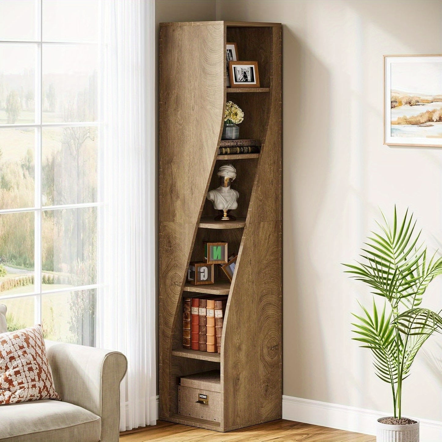 Boekenkast – Boekenrek – Vakkenkast – Opbergkast – Stellingkast – 6-laags Hoekboekenkast – Ruimtebesparend Smal Design – Duurzaam Hardhout en Multiplex