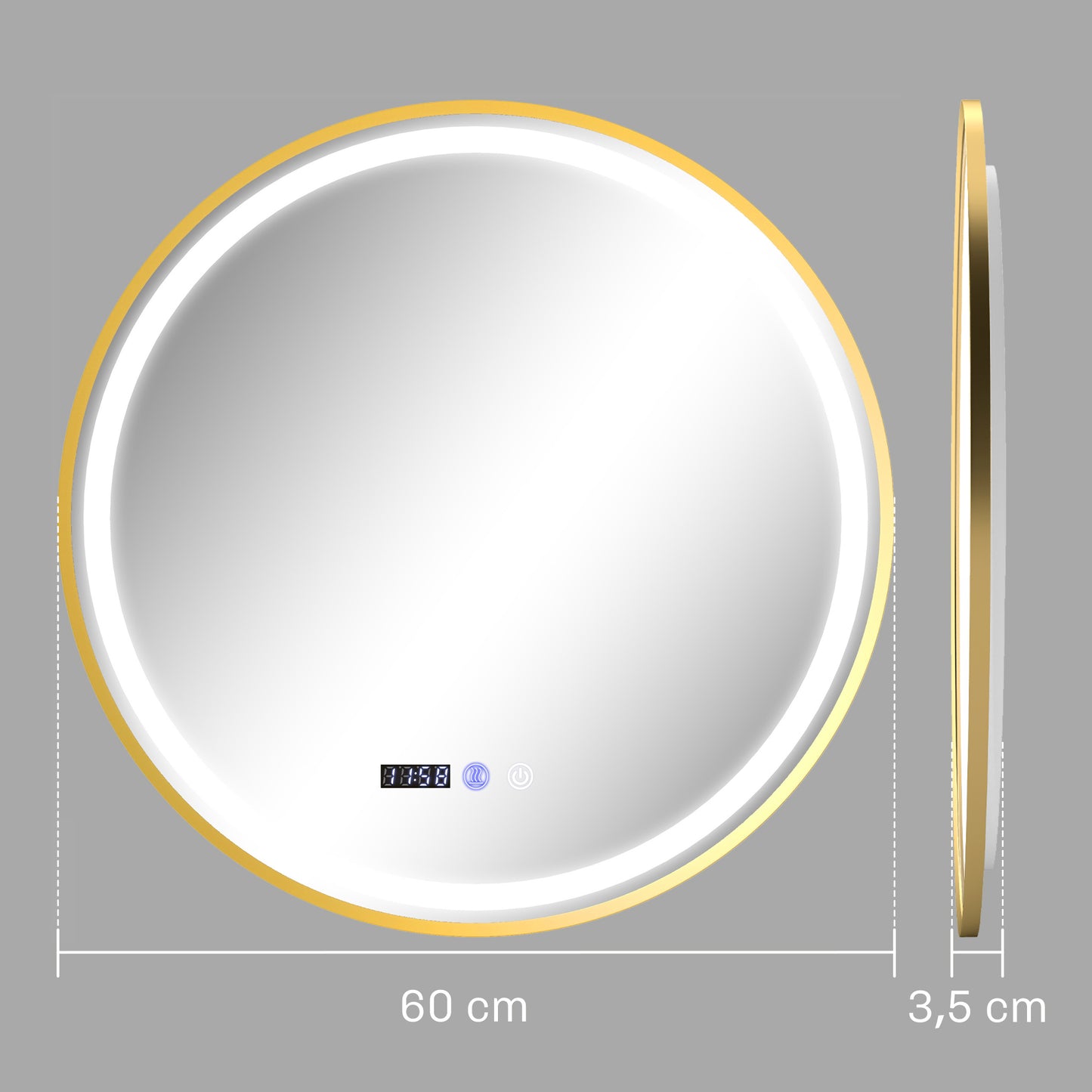 Ronde Badkamerspiegel – Spiegel Met LED Verlichting – Badkamerspiegel Met Antibeslag – Touch Spiegel – Digitale Badkamerspiegel – Goudkleurig Design – Zelfvoorzienende Stroom – Tijd- En Temperatuurweergave