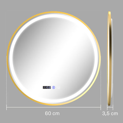 Ronde Badkamerspiegel – Spiegel Met LED Verlichting – Badkamerspiegel Met Antibeslag – Touch Spiegel – Digitale Badkamerspiegel – Goudkleurig Design – Zelfvoorzienende Stroom – Tijd- En Temperatuurweergave