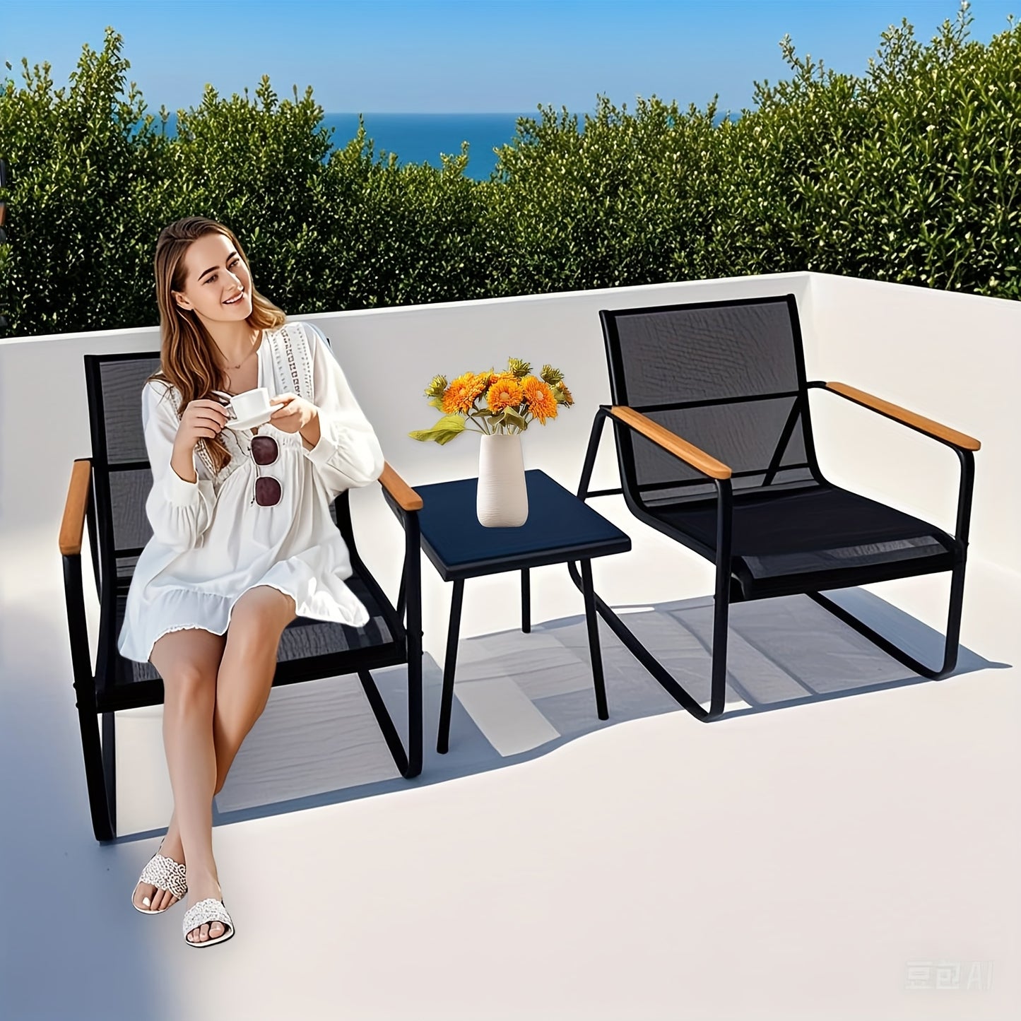 Balkonset – Balkonmeubelset – Bistroset – Tuinset – Loungeset – Duurzaam Stalen Frame – Glazen Tafelblad Met Opbergruimte