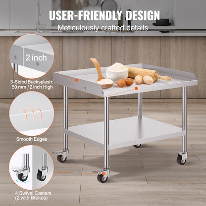 RVS Werktafel – Werkbank – Keukentafel – Werkruimte Tafel – Werkblad – 76x91x76 cm – 0,8 mm Roestvrij Staal – 4 Zwenkwielen Met Rem