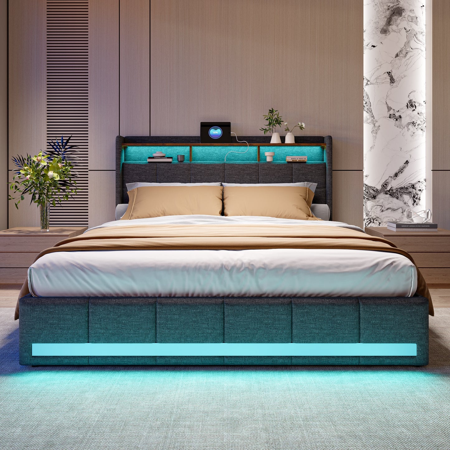 Double Bed with Storage, LED Lighting, 4 Drawers, Storage Function, USB Charging, Quick Assembly, Metal And Linen Bed Frame, Classic, for Adults, Ideal for 8Mj4Txd Bedroom.