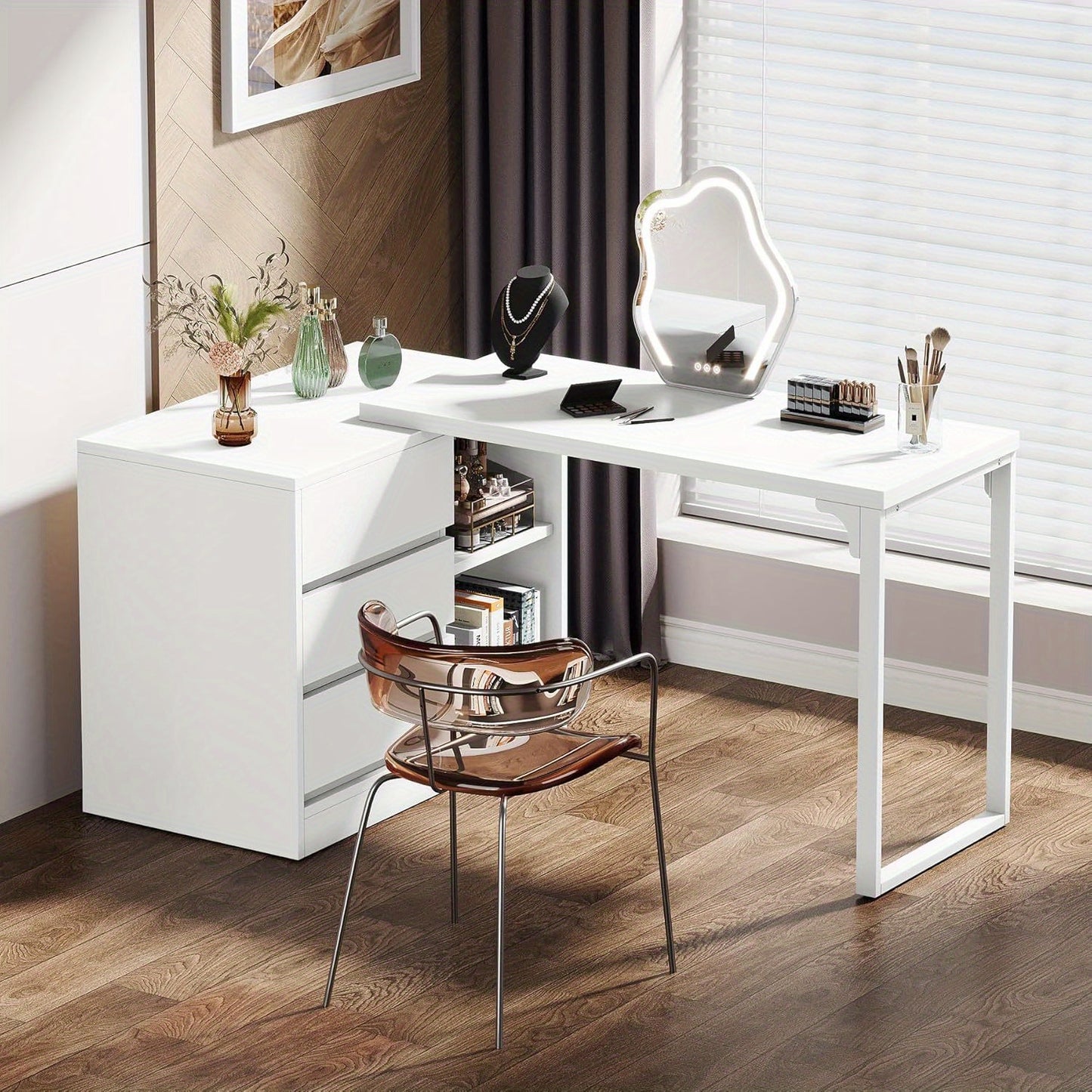 Make-up Tafel – Kaptafel – Visagie Tafel – Dressing Table – Vanity Desk – Wit – 3 Lades & 2 Planken – Ruimtebesparend Hoekontwerp