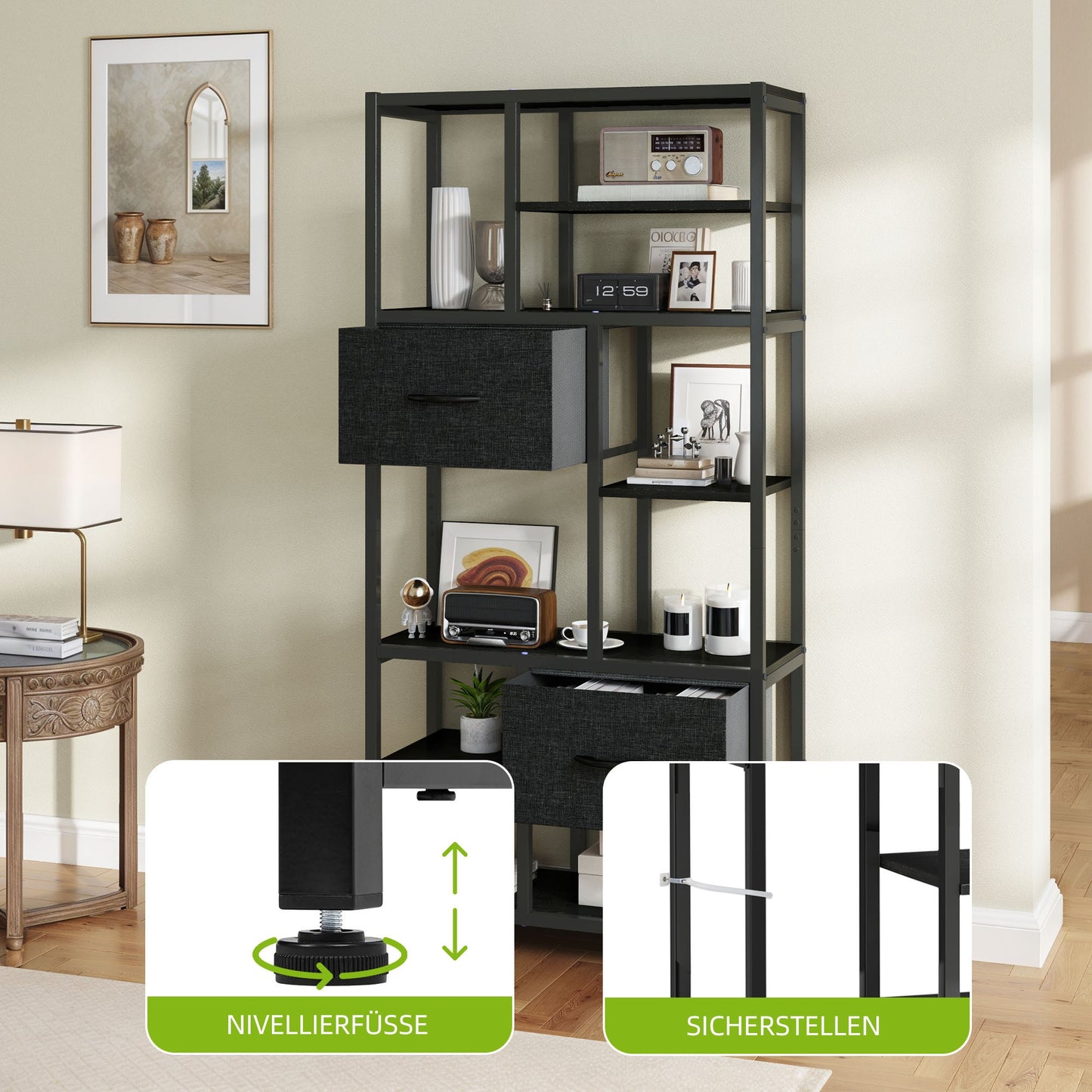 7-Laags Boekenkast – Boekenkast Met Lades – Smalle Boekenkast – Opbergkast – Vakkenkast – Industrieel Design – Stalen Frame & Houten Planken – Vrijstaand En Ruimtebesparend