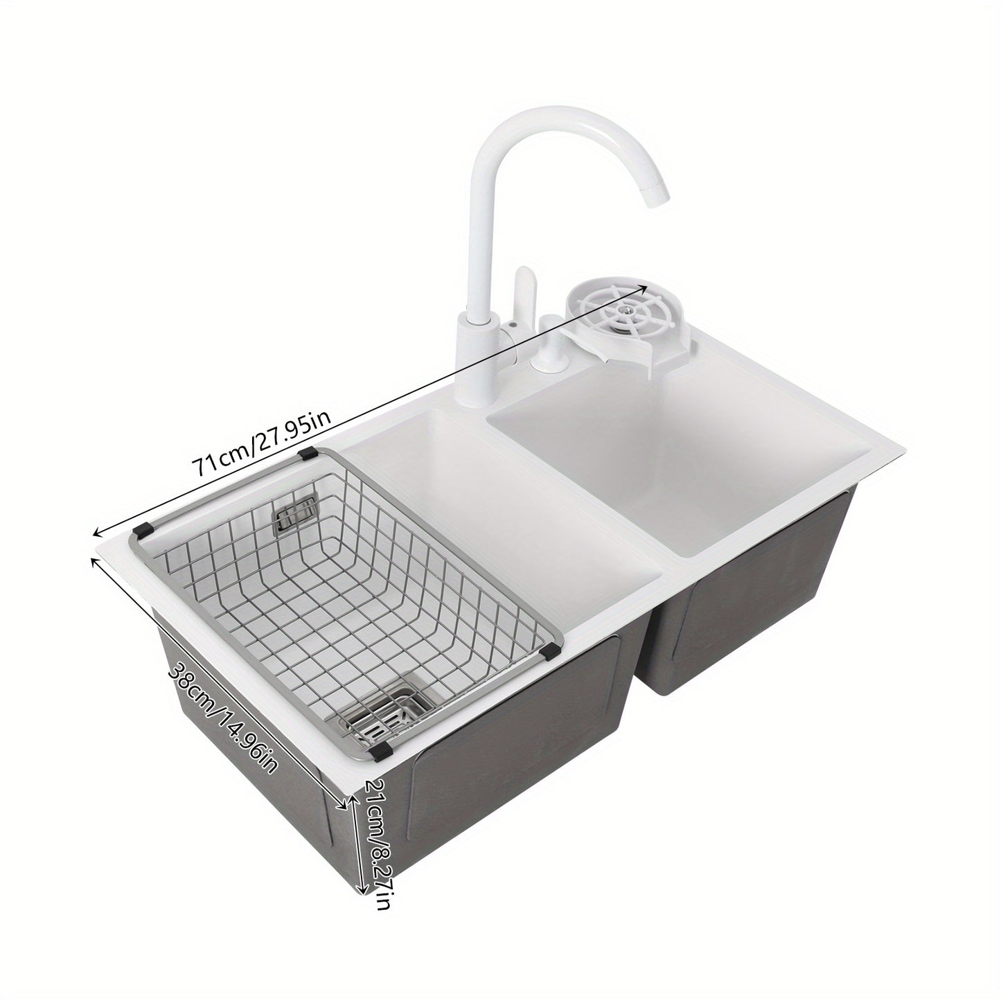 TOOL1SHOOO Large Double Basin Kitchen Sink 304 Stainless Steel with Faucet Double Basin Set Drain Basket Hand Soap Dispenser Top And Bottom Mount Modern White Sink with High Overflow Hole