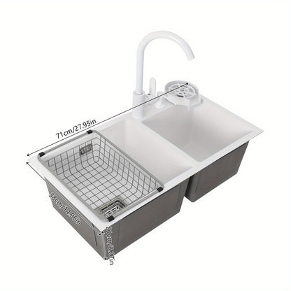 TOOL1SHOOO Large Double Basin Kitchen Sink 304 Stainless Steel with Faucet Double Basin Set Drain Basket Hand Soap Dispenser Top And Bottom Mount Modern White Sink with High Overflow Hole