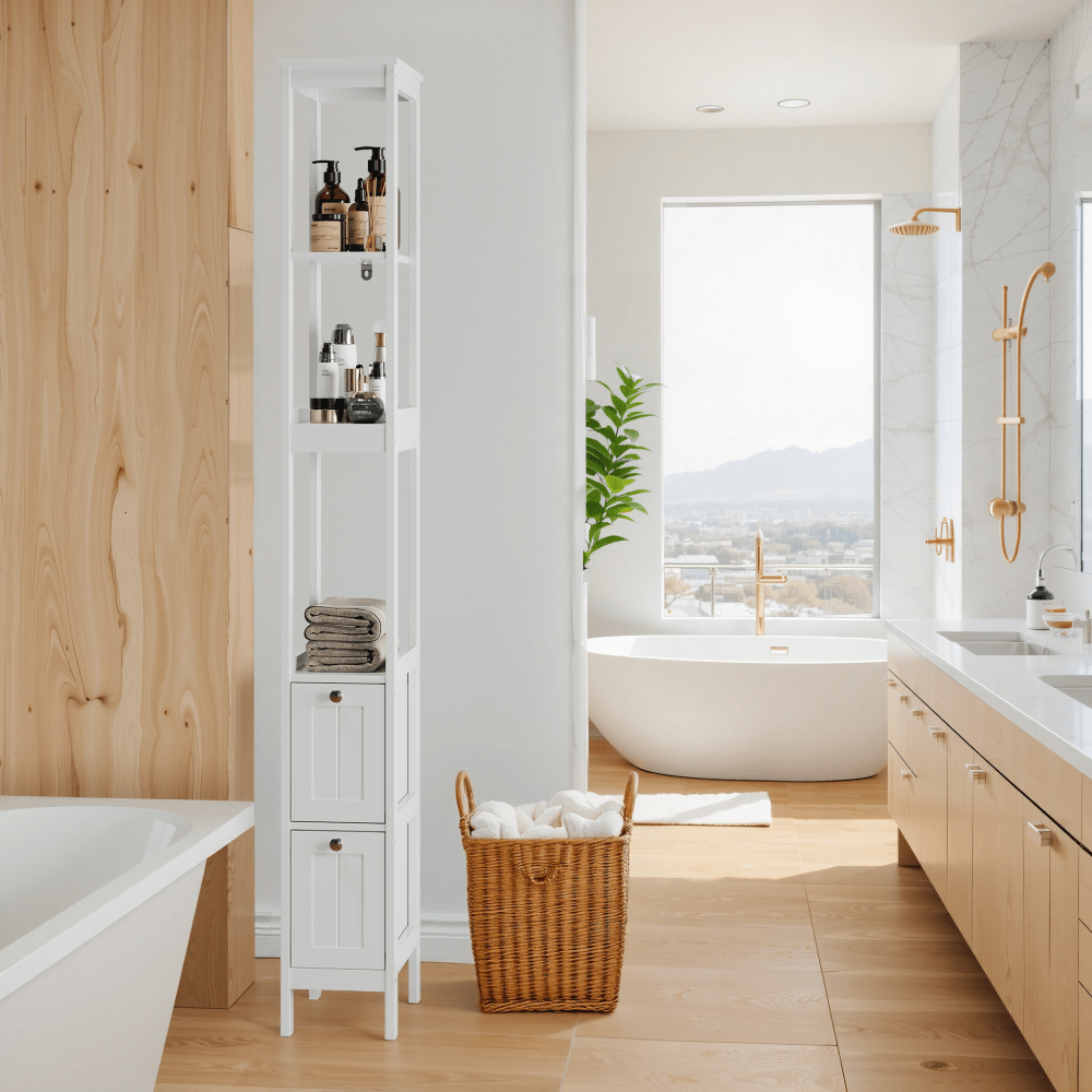 Badkamerkast – Smalle Kolomkast – Vrijstaande Kast – Opbergkast – Wastafelonderkast – Hoogte 160 cm – MDF Materiaal – 2 Laden en 3 Open Planken – Wit
