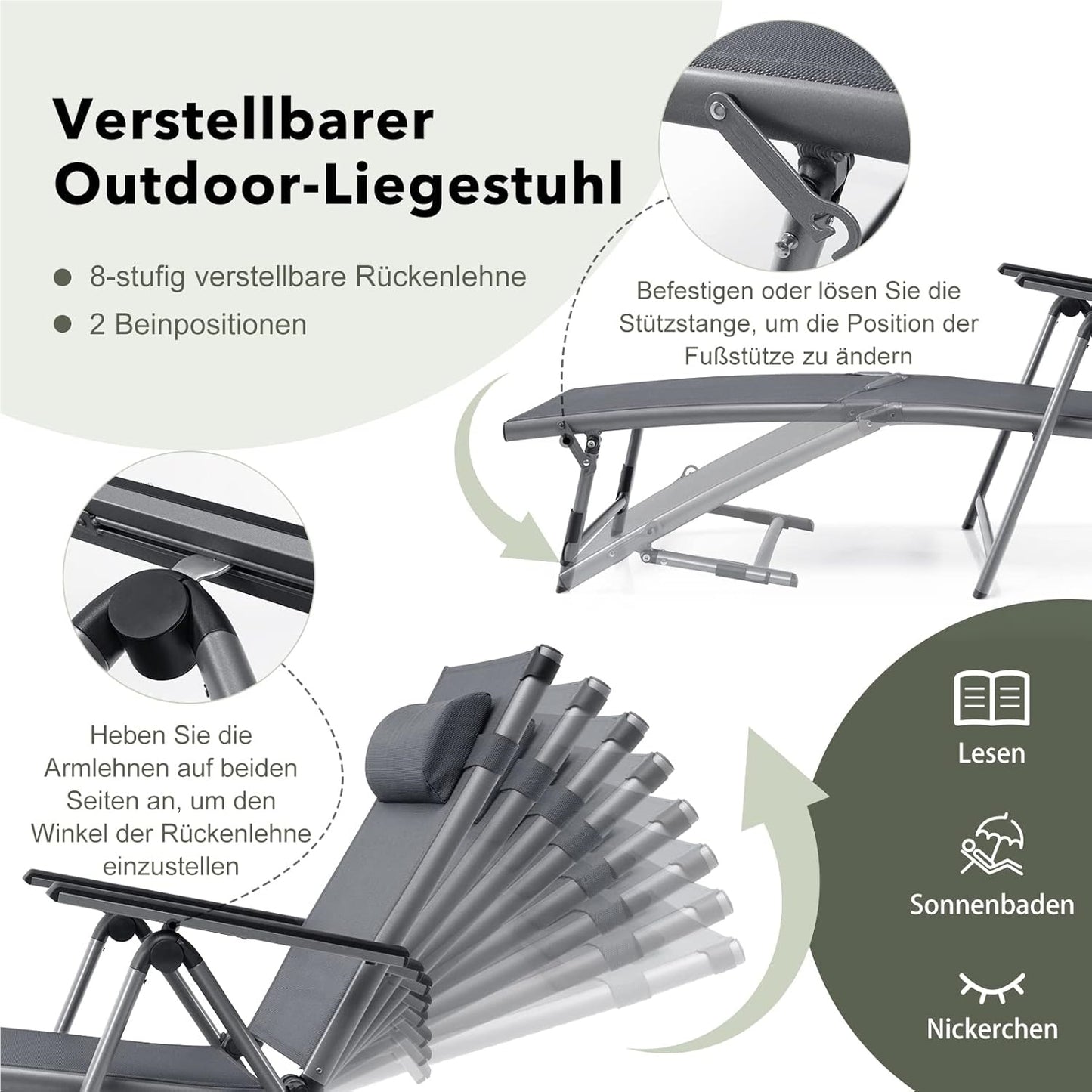 Buitenzonligstoel – Tuinstoel – Ligstoel – Zonnestoel – Inklapbare Ligstoel – Aluminium Frame – 8-Standen Rugleuning – Sneldrogende Stof