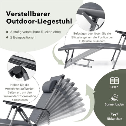 Buitenzonligstoel – Tuinstoel – Ligstoel – Zonnestoel – Inklapbare Ligstoel – Aluminium Frame – 8-Standen Rugleuning – Sneldrogende Stof