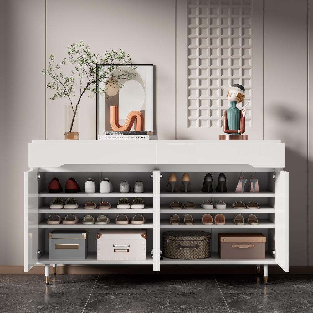 Schoenenkast – Schoenenrek – Schoenenopberger – Schoenenmeubel – Schoenenbank – Wit Met Goudkleurige Pootjes – Verstelbare Planken En Compact Ontwerp