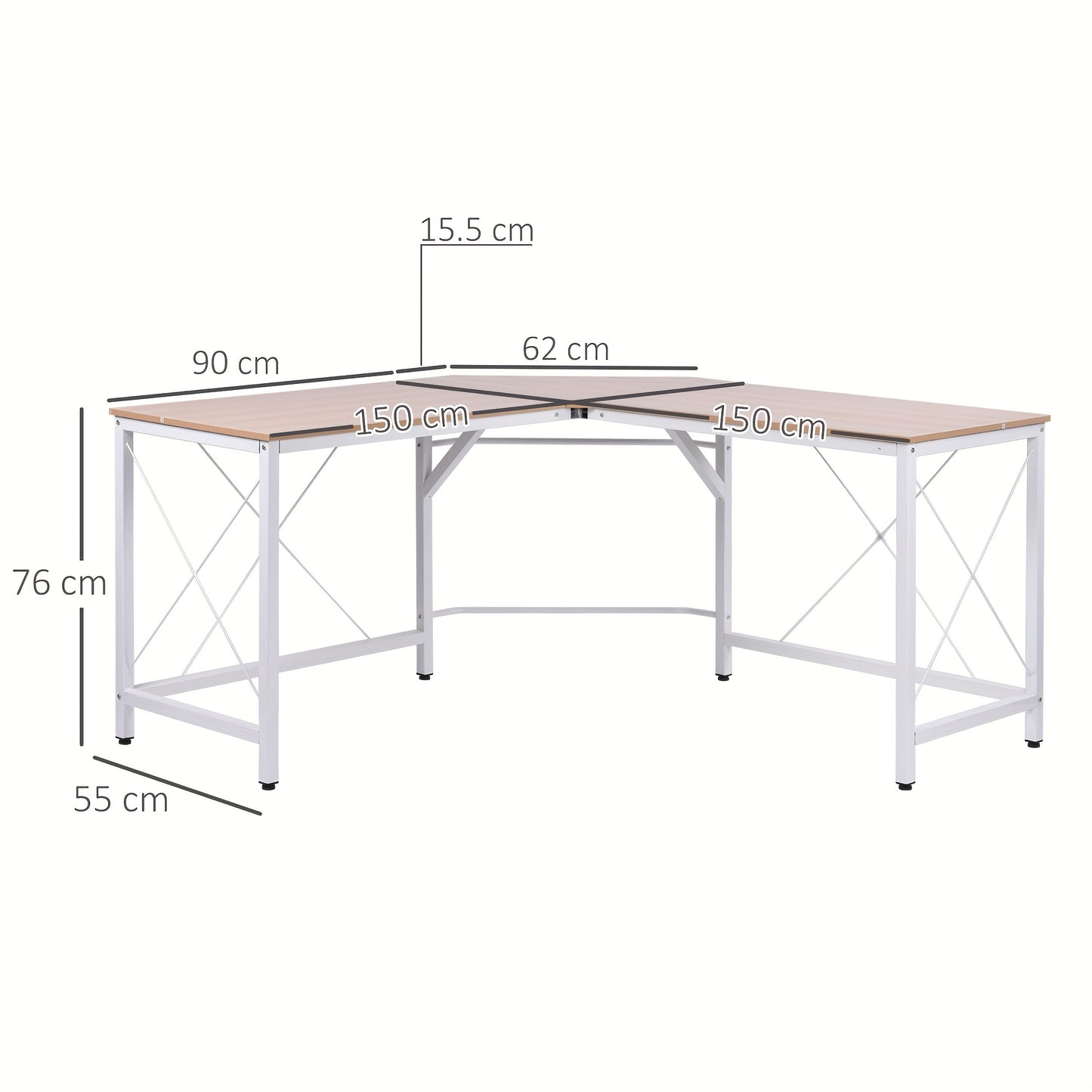 Hoekbureau – L-vormig Bureau – Computerbureau – Schrijftafel – Thuiswerkplek – Natuurlijk Kleur – Metaframe – 150x150x76 cm – Schuin Randontwerp
